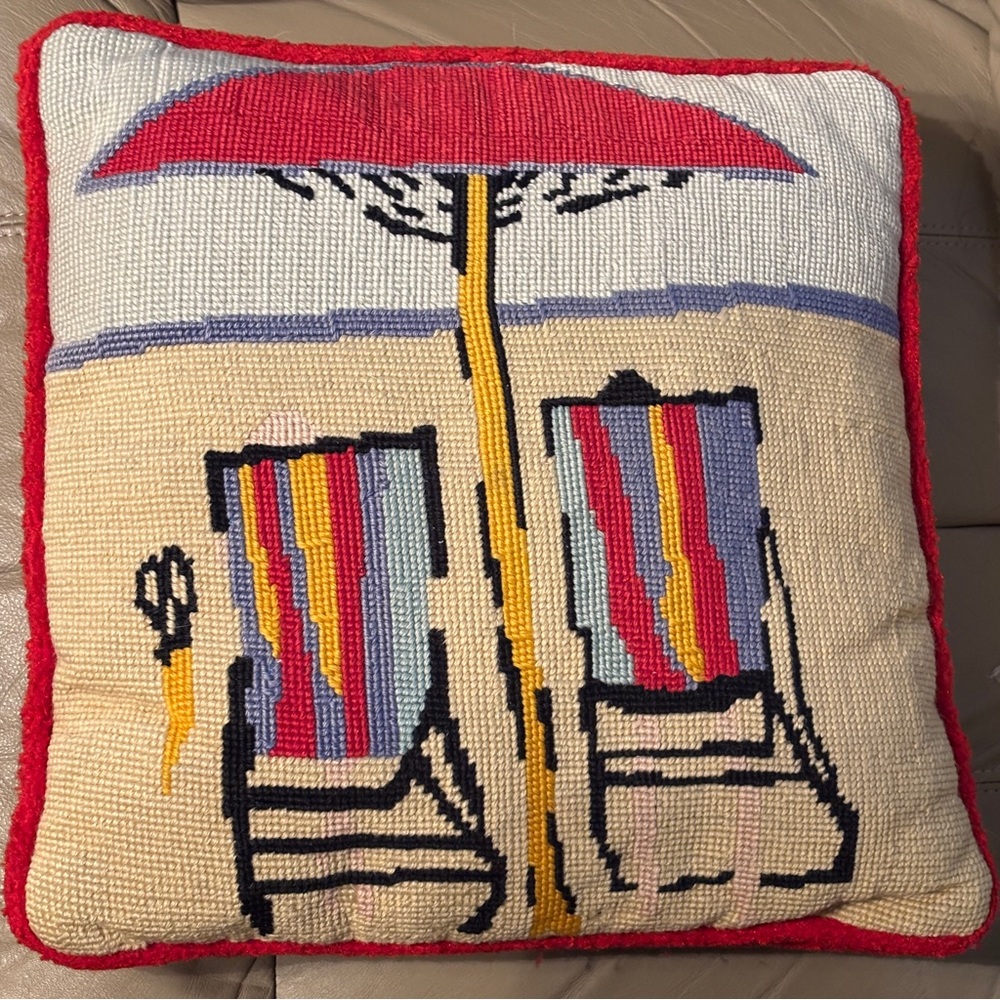 VTG Handmade Needlepoint Beach Scene Pillow 2 Chairs Umbrella Red Trim